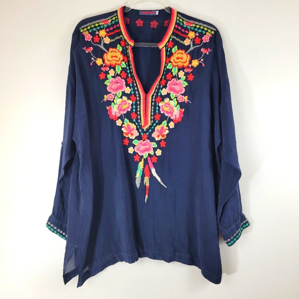 JOHNNY WAS navy blue floral embroidered boho tab sleeve popover tunic blouse